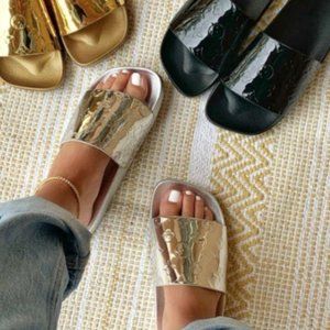 Comfy Square Toe Metallic Slides in Silver